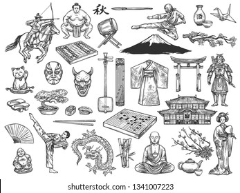 Japan culture traditional icons. Vector sushi, geisha kimono, tea ceremony, ikebana, Japanese samurai, Go and Shogi game, koto and shamisen, Fuji, sakura, sumo and bonsai, ieroglyph - word calligraphy