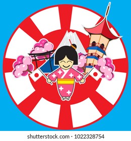 japan culture vector illustration with a girl hold flags