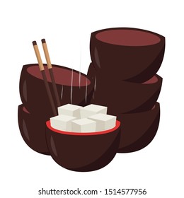 Japan cup and chopsticks. Tofu in bowl vector. Tofu vector. free space for text.
bowl stack.