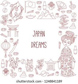 Japan cute doodle line traditional symbols icons square border vector design