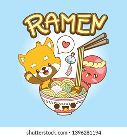japan cute doodle red panda and octopus eat ramen