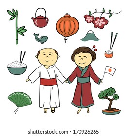 Japan cute icons vector set in cartoon style