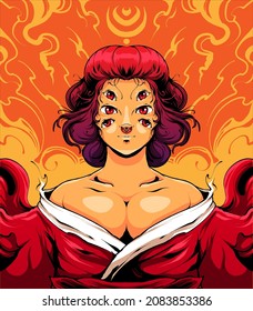 japan demon girl with six eyes illustration art