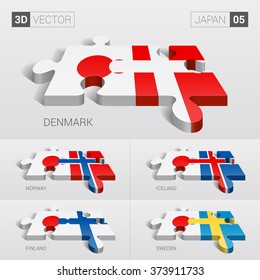Japan and Denmark, Iceland, Norway, Finland, Sweden Flag. 3d vector puzzle. Set 05.