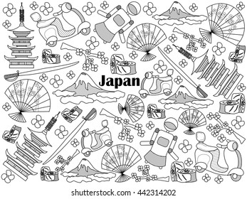 Japan design colorless set vector illustration. Coloring book. Black and white line art