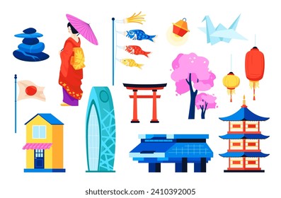 Japan in detail - flat design style objects set. High quality colorful images of geisha in kimono, koinobori fish, origami paper crane, lanterns and national flag, torii gate and shinto shrine