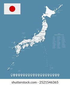 Japan - detailed blue country map with cities and regions. Infographic icons. Vector illustration