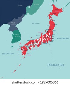 JAPAN detailed editable map with regions cities and towns, geographic sites. Vector EPS-10 file