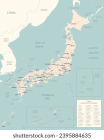 Japan - detaillierte Karte mit Verwaltungseinheiten Land. Vektorgrafik
