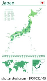 Japan detailed map and flag. Japan on world map.