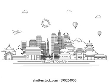 Japan detailed skyline. Travel and tourism background. Vector background. line illustration. Line art style