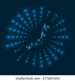 Mapa digital de Japón. Rayos brillantes irradiando desde el país. Conexiones de red y diseño de telecomunicaciones. Ilustración vectorial.