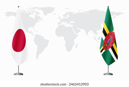 Japan and Dominica flags for official meeting against background of world map.