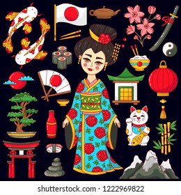 Japan doodle cartoon icons set with japanese girl geisha colorful vector set