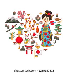 Japan doodle cartoon icons set heart shape design vector illustration