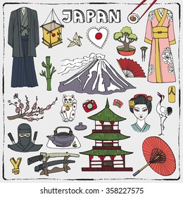 Japan doodle elements.Vintage symbols,icons set.Japanese Vector hand drawn  illustration,isolated,white background.Traditional souvenirs from Japan.Travel vector.Architectural,cultural,historical kit