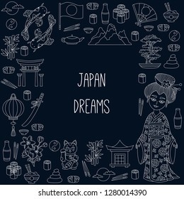 Japan doodle icons square vector frame traditional symbols collection