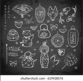 Japan doodle sketch elements on blackboard background. Symbols of Japan. Contains hieroglyph - zen.