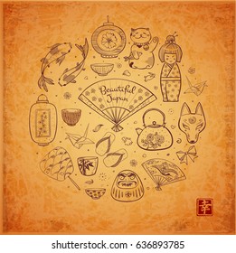 Japan doodle sketch elements on vintage background. Contains hieroglyph - happiness. Symbols of Japan.