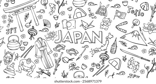 Japan doodle sketch elements. Symbols of Japan. vector banner