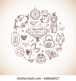 Japan doodle sketch elements in vintage style. Symbols of Japan.