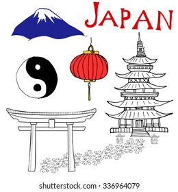 Japan doodles elements. Hand drawn set with Fujiyama mountain, Shinto gate, Japanese lantern and pagoda, Yin and yang symbol. Drawing doodle collection, isolated on white.