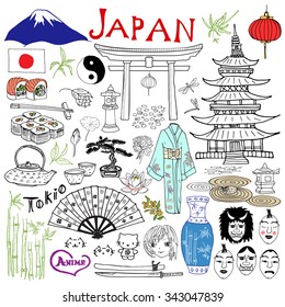 Japan doodles elements. Hand drawn set with Fujiyama mountain, Shinto gate, Japanese food sushi and tea set, fan, theater masks, katana, pagoda, kimono. Drawing doodle collection, isolated on white 