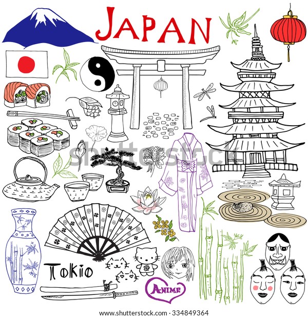 Japan Doodles Elements Hand Drawn Set Stock Vector (Royalty Free) 334849364