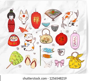 Japan doodles on realistic white paper background. Hieroglyphs - well-being, zen.