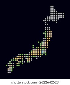 Japan dotted map. Digital style map of the country on a dark background. Japan shape with square dots. Colored dots style. Large size squares. Classy vector illustration.
