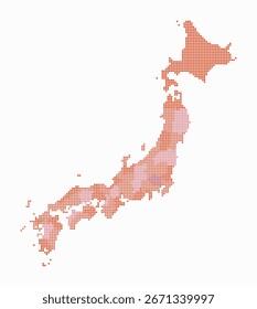 Japan gepunktete Karte Digitale Landkarte auf weißem Hintergrund. Japanische Form mit quadratischen Punkten. Farbige Punkte. Kleine Quadrate. Tolle Vektorgrafik.