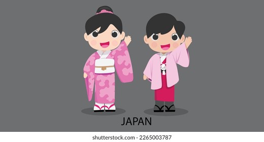 japan in  dress with a flag. Man and woman in traditional costume. Travel to  japan . People.