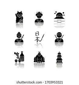 Japan drop shadow black glyph icons set. Maneki neko. Geisha woman. Mount Fuji. Samurai and ninja. Asian calligraphy. Japanese attributes. Isolated vector illustrations on white space