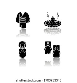 Japan drop shadow black glyph icons set. Kimono clothing. Yukata shoes. Asian hot springs. Kokeshi doll. Traditional japanese attributes. Isolated vector illustrations on white space