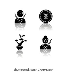 Japan drop shadow black glyph icons set. Ninja warrior. Yen coin. Bonsai tree in pot. Samurai, asian martial arts. Traditional japanese symbols. Isolated vector illustrations on white space
