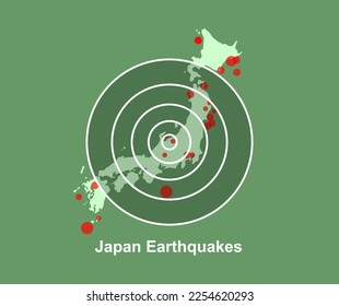 Japan earthquake on green background with red dot circle as area marker