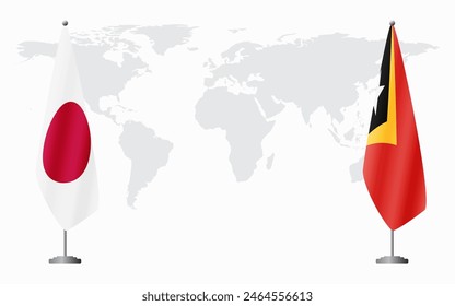 Japan and East Timor flags for official meeting against background of world map.