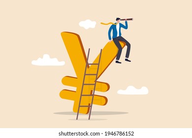 Japan economic vision and forecast, leadership skill to lead country financial in economics crisis concept, businessman climb up ladder to top on Japanese yen sign using telescope to see future vision