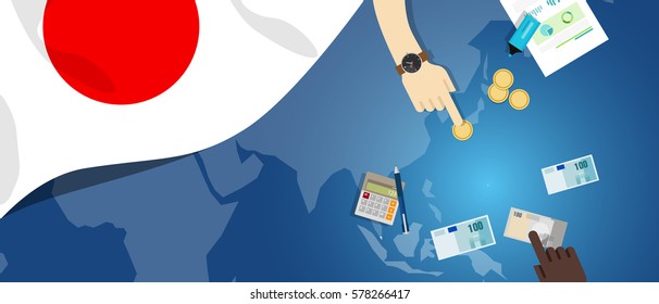 Japan economy fiscal money trade concept illustration of financial banking budget with flag map and currency vector