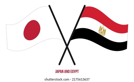 Banderas de Japón y Egipto cruzadas y ondeando estilo plano. Proporción oficial. Colores correctos.