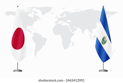 Japan and El Salvador flags for official meeting against background of world map.