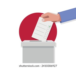 Japan election concept. Hand puts vote bulletin into vote box.