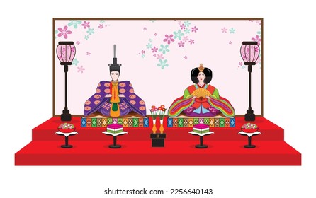 Japan emperor and empress doll with background and accessories in Hinamatsuri Japanese doll festival or child day or girl day drawing cartoon in vector