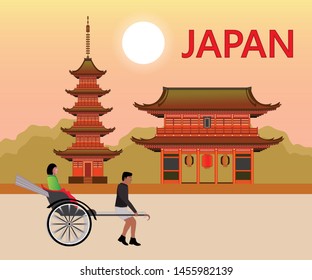 Japan entrance gate Temple with five storey pagoda and rickshaw draw in cartoon vector