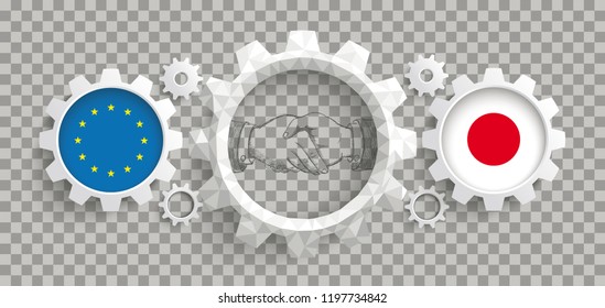 Japan and EU flag with handdrawn handshake on the checked background. Eps 10 vector file.