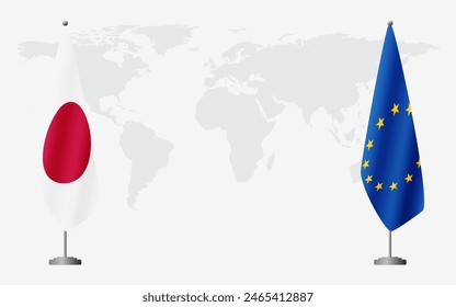 Japan and European Union flags for official meeting against background of world map.