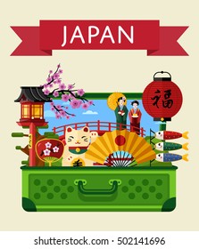 Japan exploration. Vector illustration travel banner with Japan landmark, cultural attribute in suitcase. Couple in kimono, blooming sakura, figurine, souvenir in bag. Oriental tradition exploration
