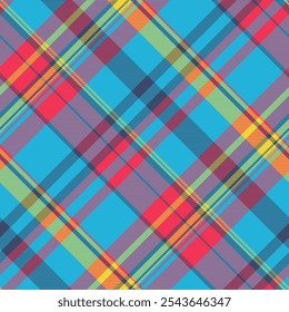 Japan fabric textile plaid, commerce check texture seamless. Diagonal vector tartan pattern background in cyan and red colors palette.