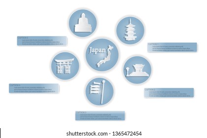 Japan with famous Japanese landmarks Stylish web design, vector illustration, paper-vector cutting