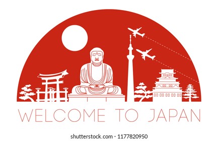 Japan famous landmark silhouette in half circle shape with red color style,travel and tourism,vector illustration